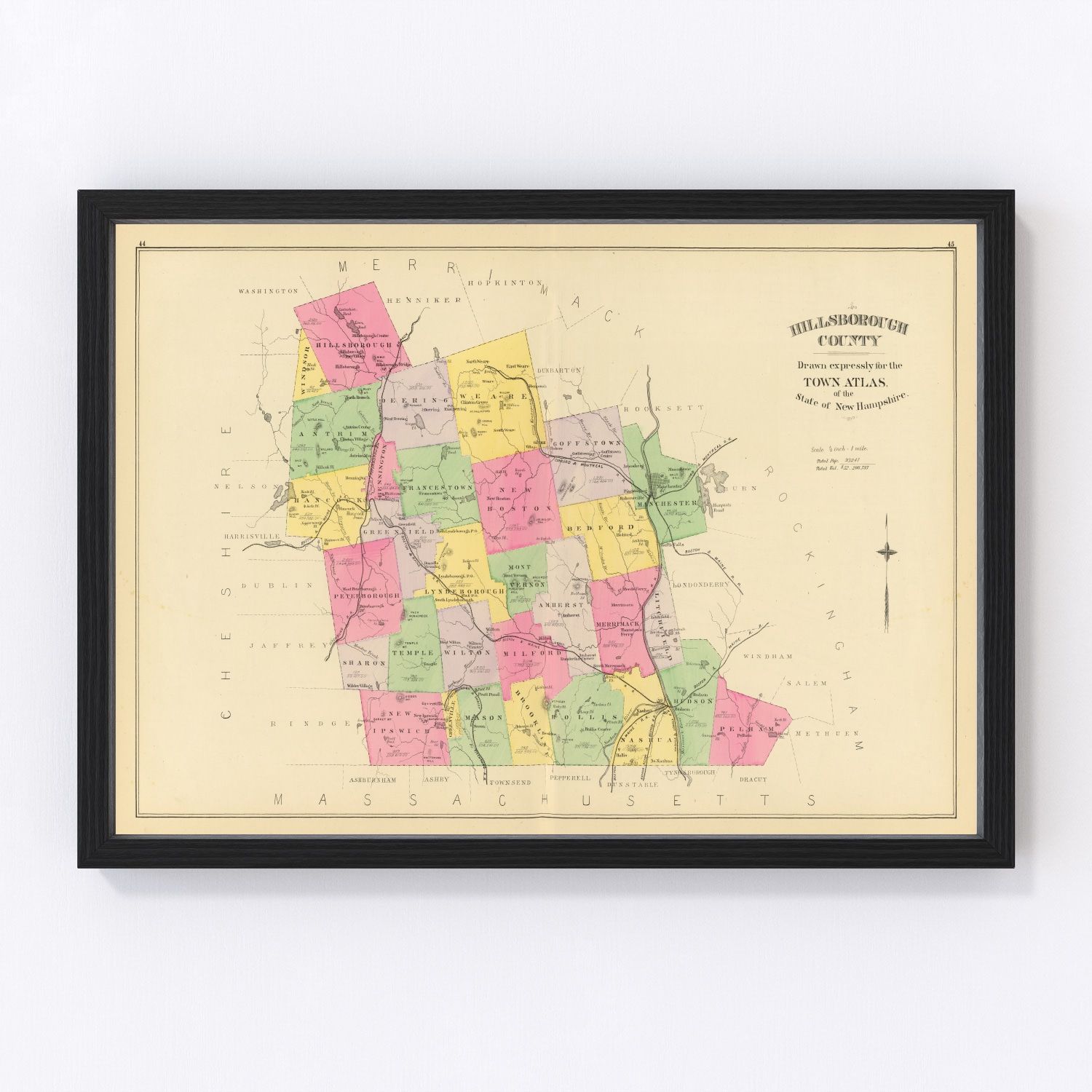 vintage map of Hillsborough County, New Hampshire, 1892