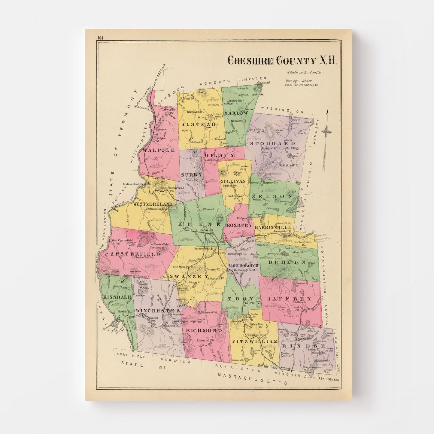 Vintage Map of Cheshire County, New Hampshire, 1892