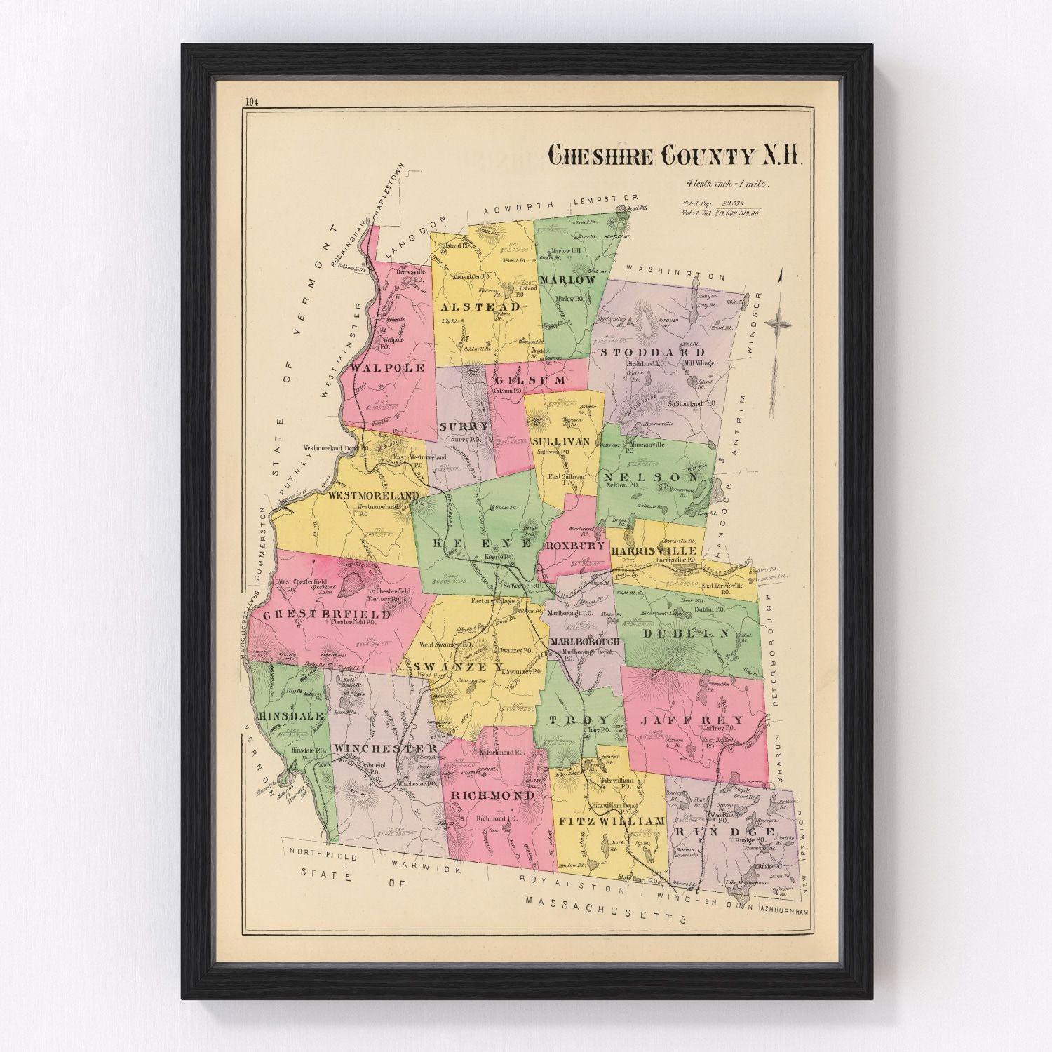 Vintage map of Cheshire County, New Hampshire, 1892, digitally restored print