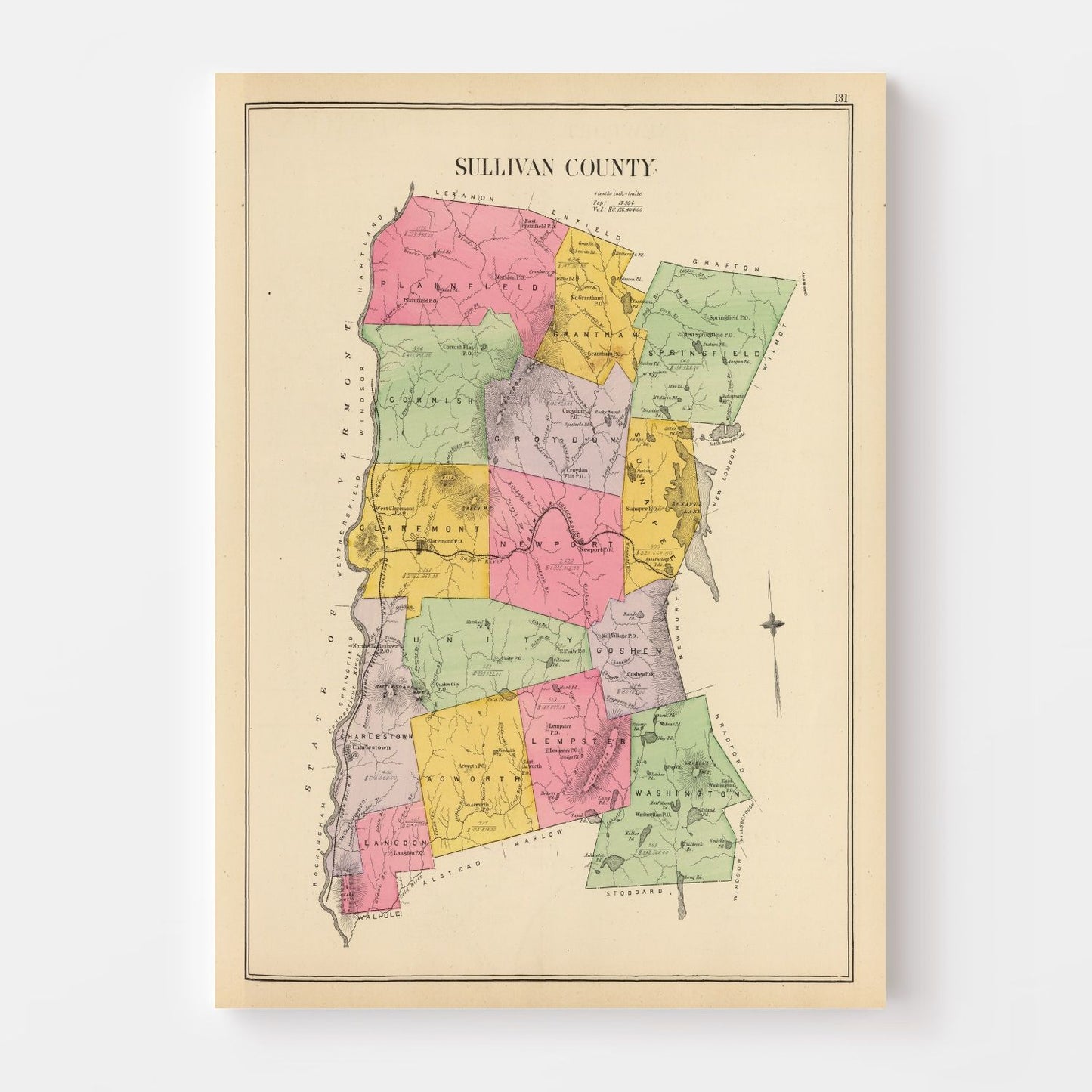 Vintage Map of Sullivan County, New Hampshire, 1892