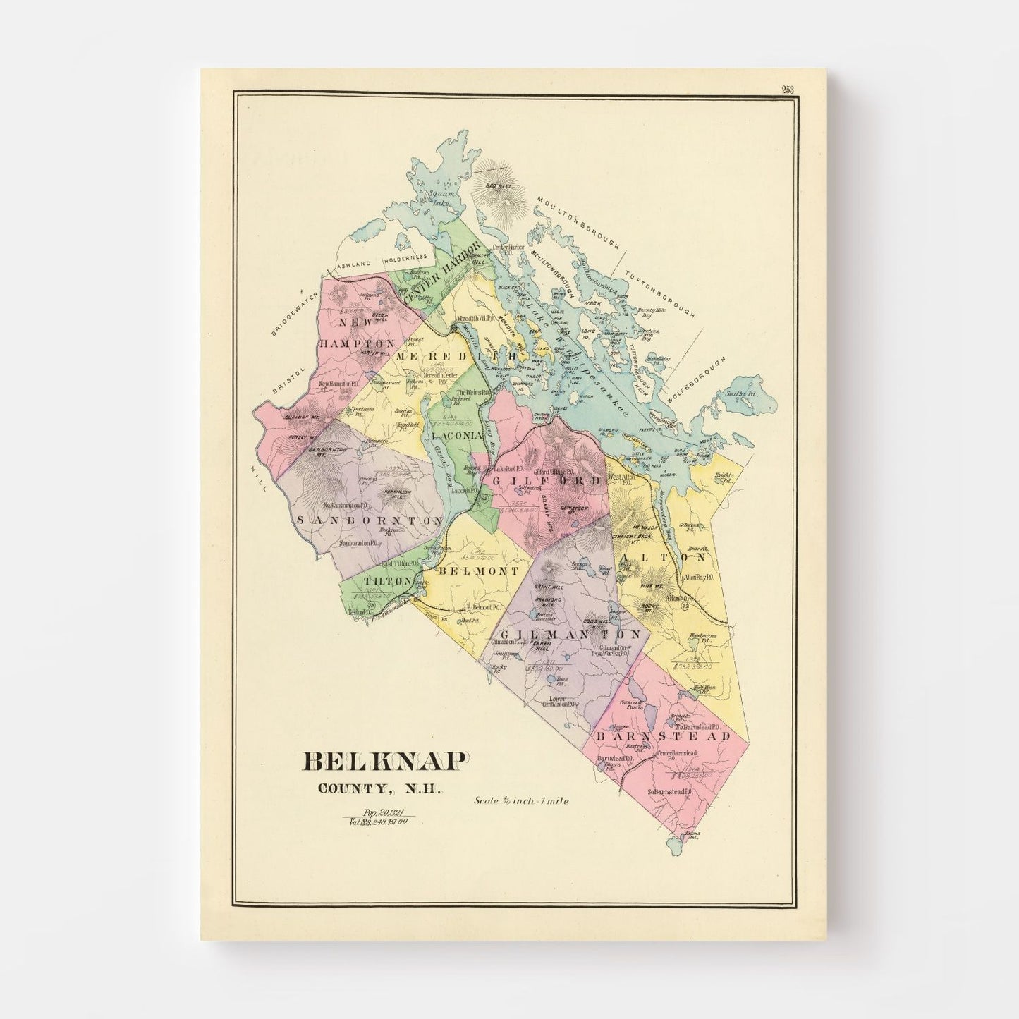 Vintage Map of Belknap County, New Hampshire, 1892 Wall Art Print