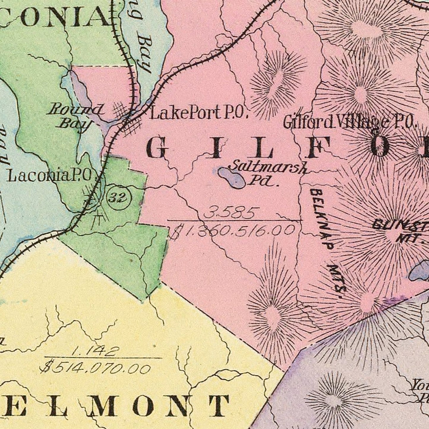 Vintage Map of Belknap County, New Hampshire, 1892 Wall Art Print