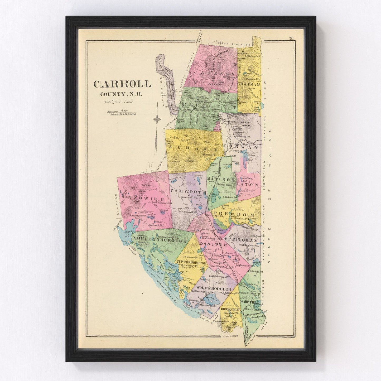 Vintage map of Carroll County, New Hampshire, 1892, restored vintage wall art print