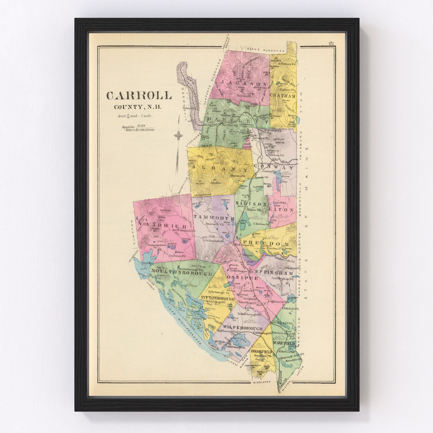 Vintage map of Carroll County, New Hampshire, 1892, restored vintage wall art print
