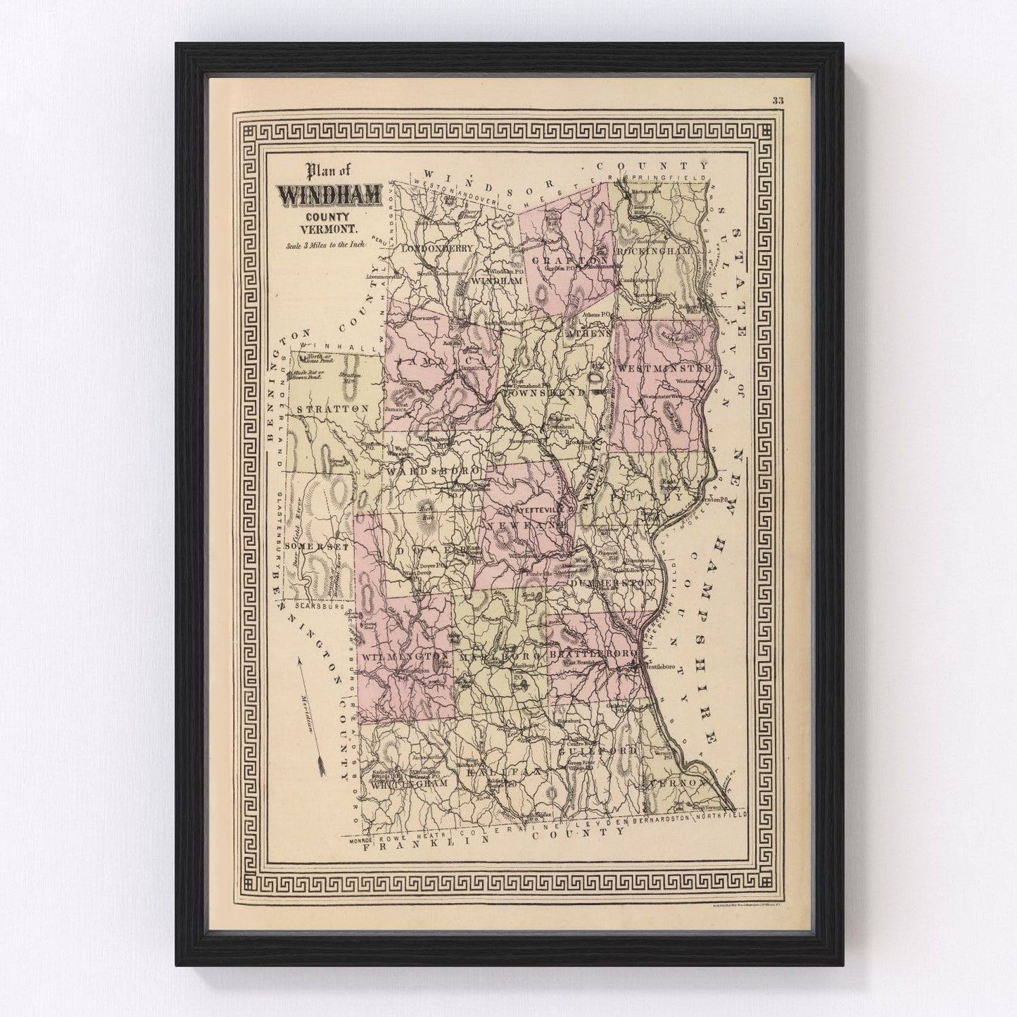 Vintage map of Windham County, Vermont, 1876, Brattleboro area restored print