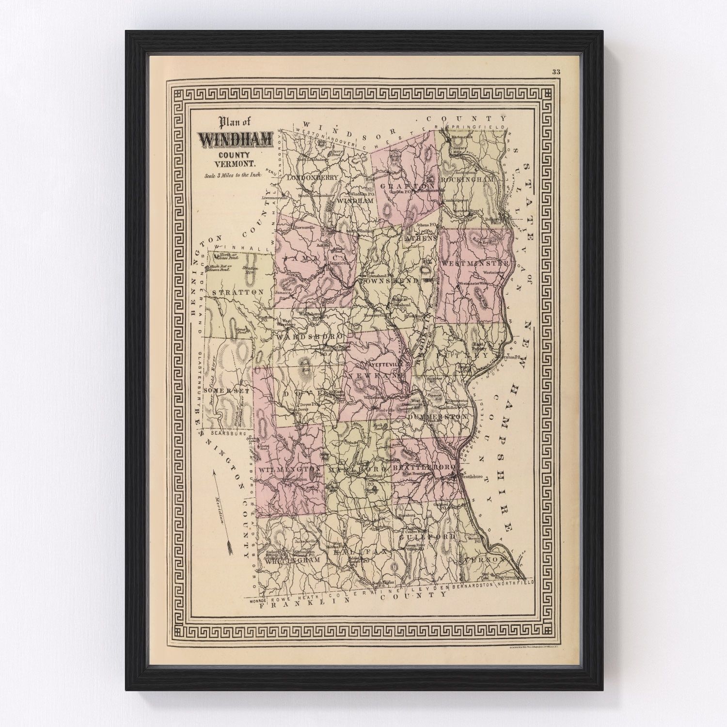 Vintage map of Windham County, Vermont, 1876, Brattleboro area restored print