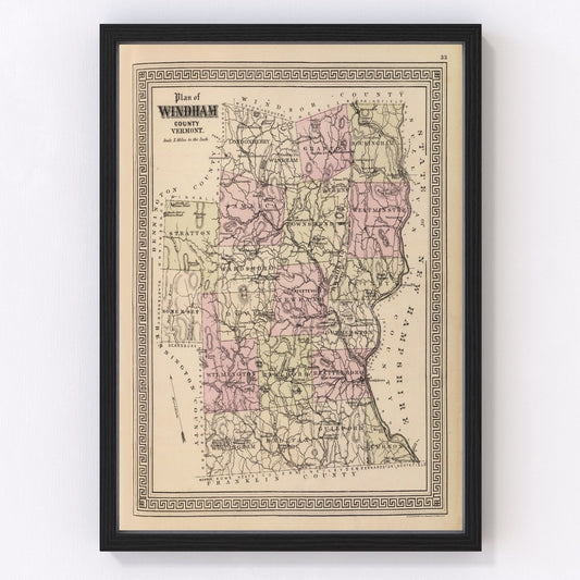 Vintage map of Windham County, Vermont, 1876, Brattleboro area restored print