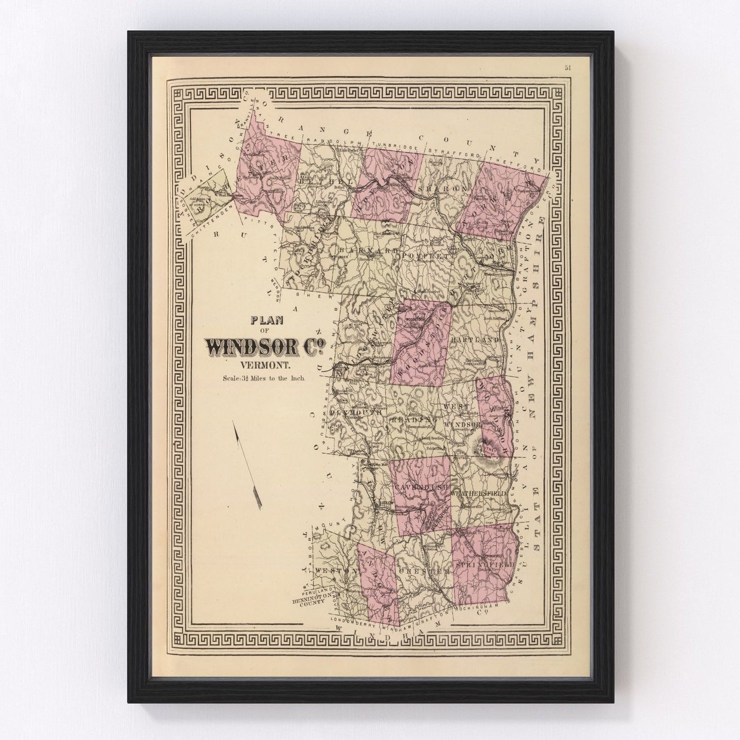 Vintage map of Windsor County, Vermont, 1876, Woodstock and Springfield restored print