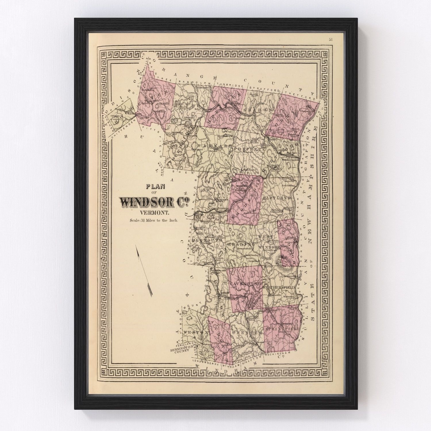 Vintage map of Windsor County, Vermont, 1876, Woodstock and Springfield restored print
