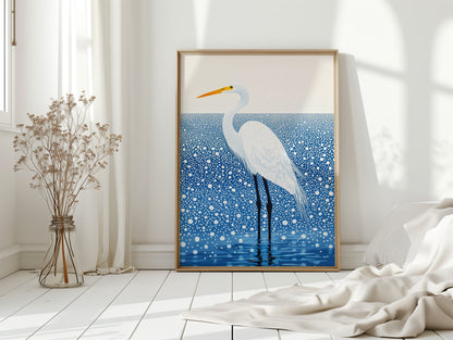 White Egret in Snowfall - Minimalist Bird Wall Art