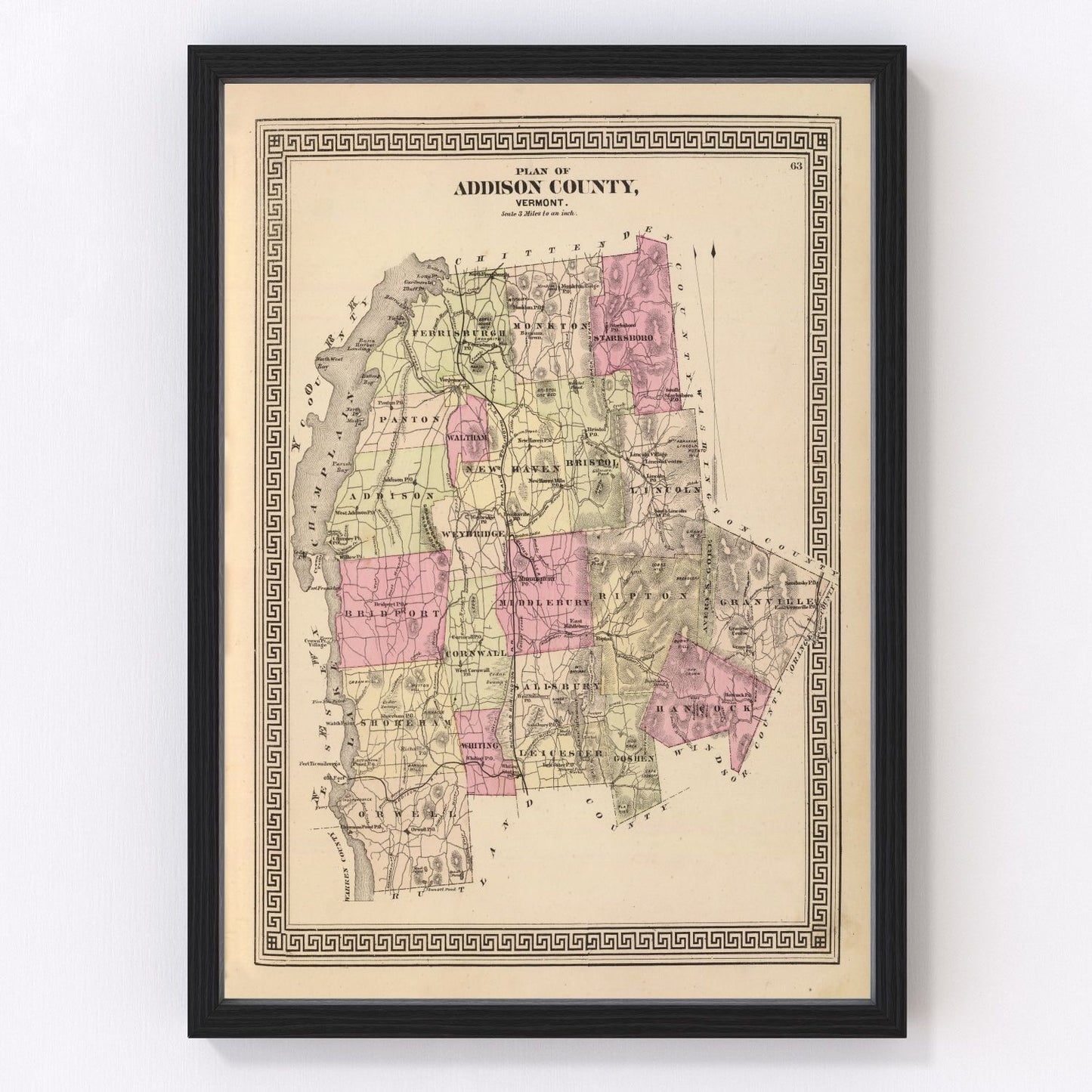 Vintage map of Addison County, Vermont, 1876 - restored post-Civil War county atlas
