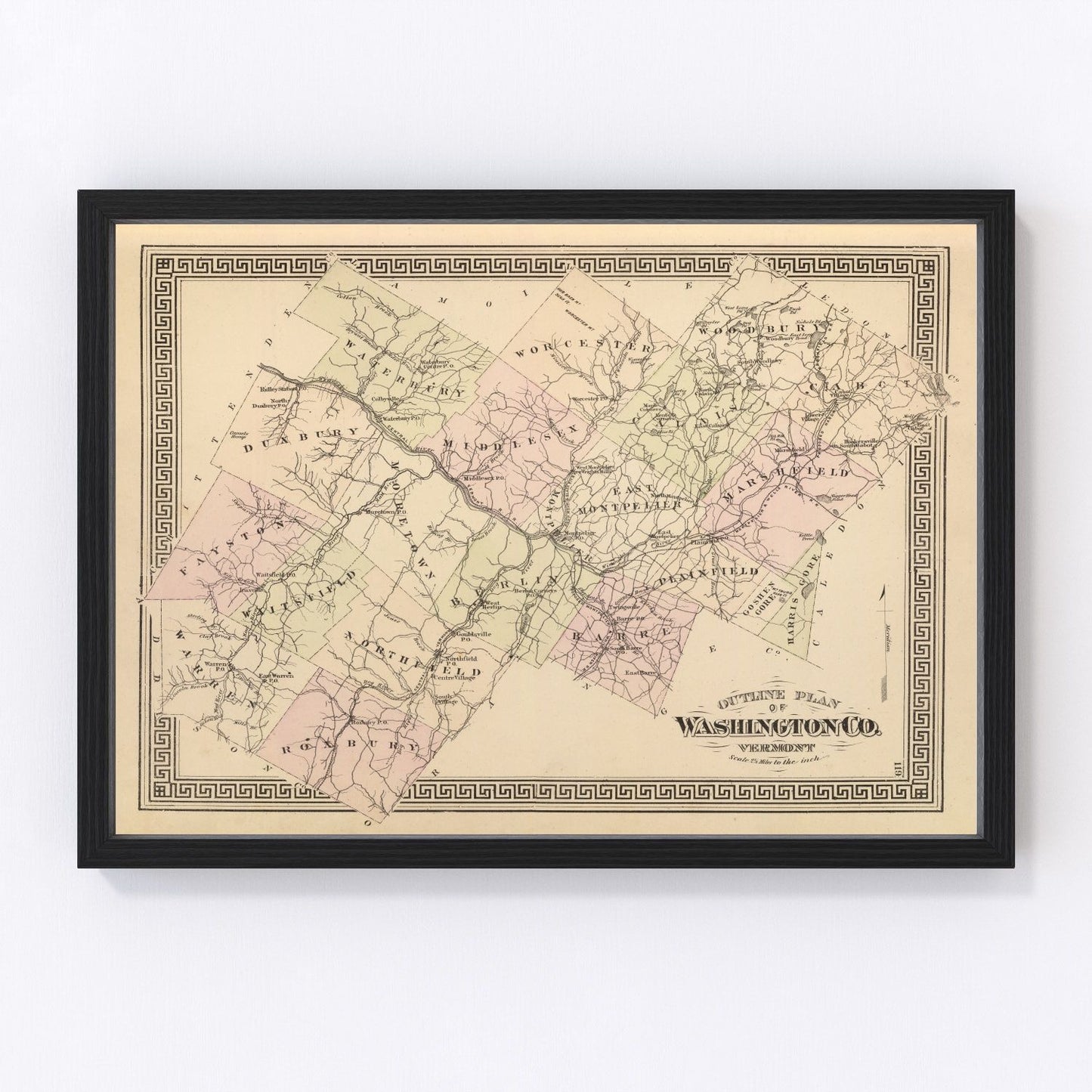 Vintage map of Washington County, Vermont, 1876 - Montpelier restored print