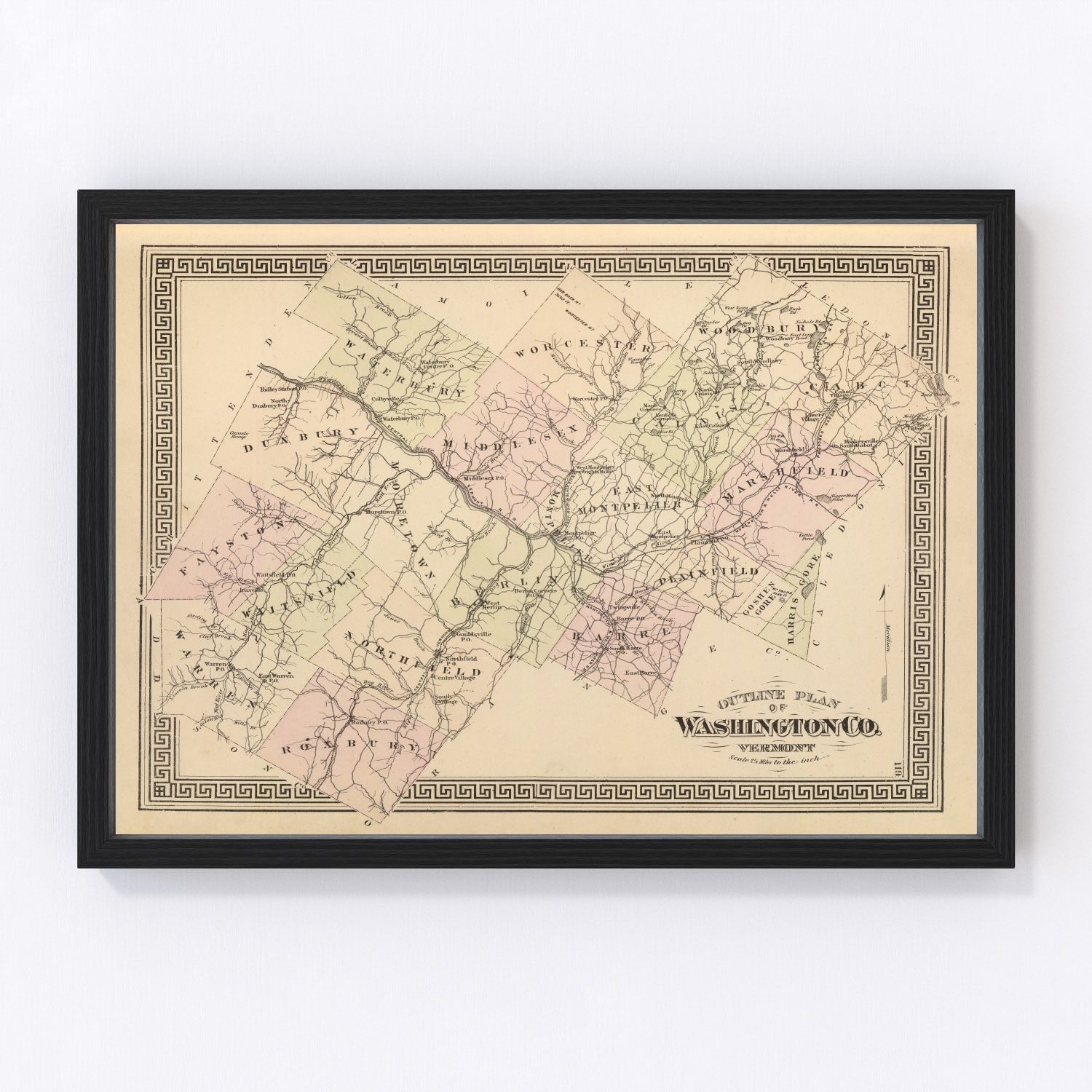 Vintage map of Washington County, Vermont, 1876 - Montpelier restored print