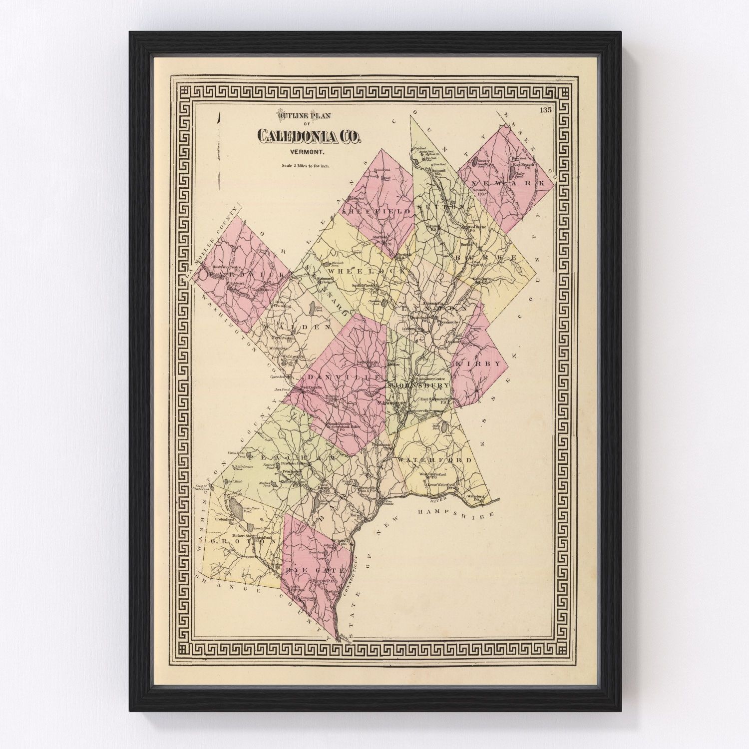 Vintage map of Caledonia County, Vermont, 1876, restored print