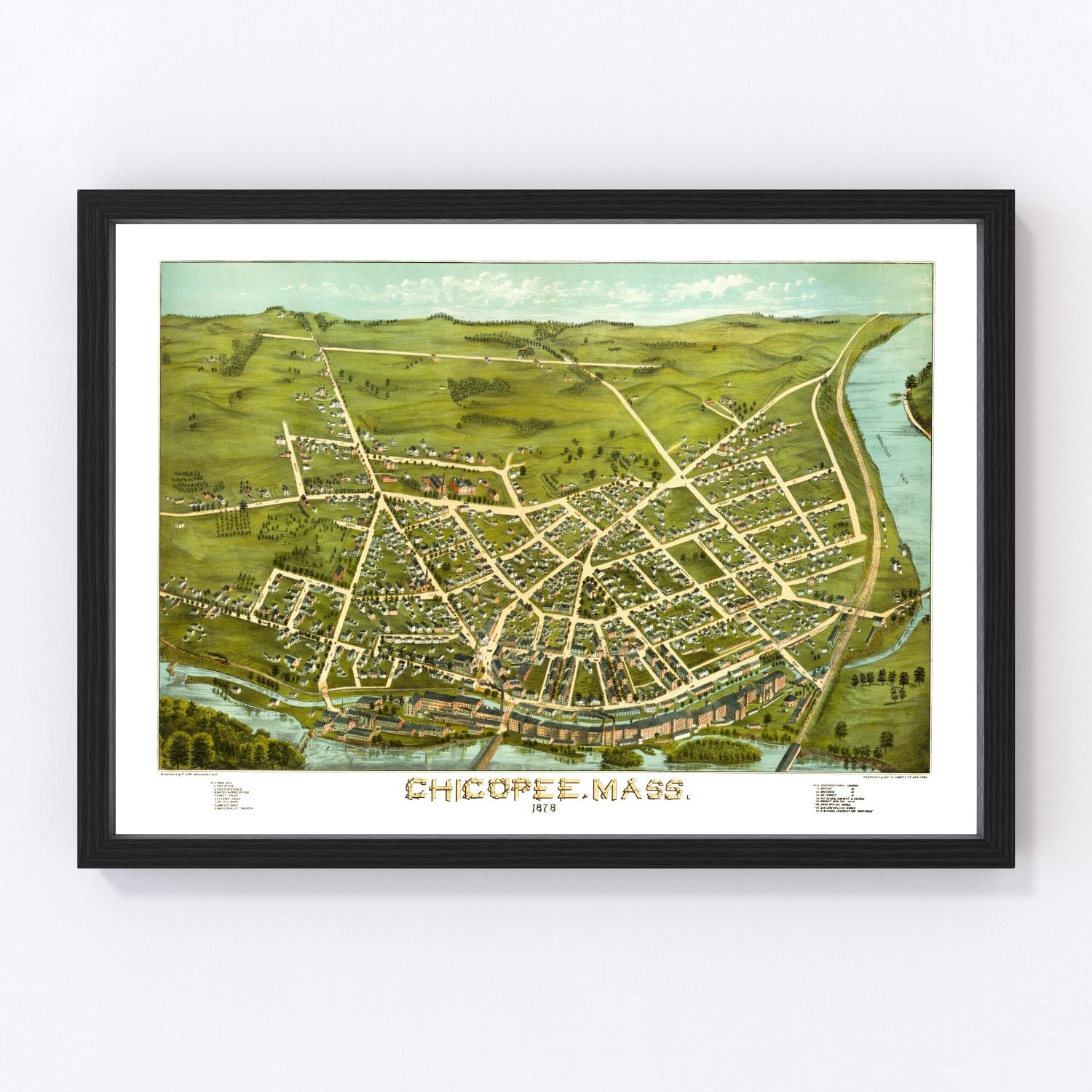 Vintage map of Chicopee, Massachusetts, 1878 - digitally restored wall art print