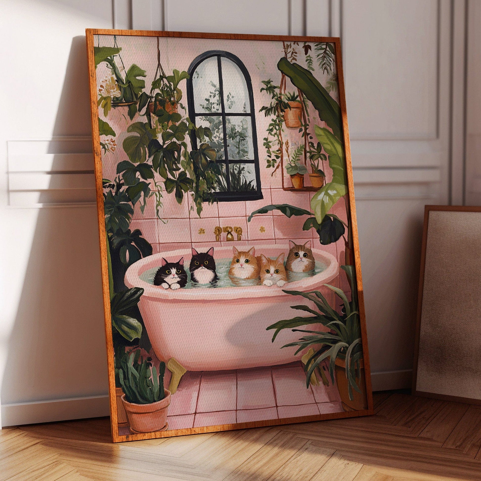 Funny cats relaxing in a pink bathtub cat spa wall art print