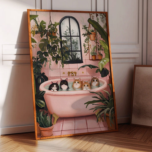 Funny cats relaxing in a pink bathtub cat spa wall art print