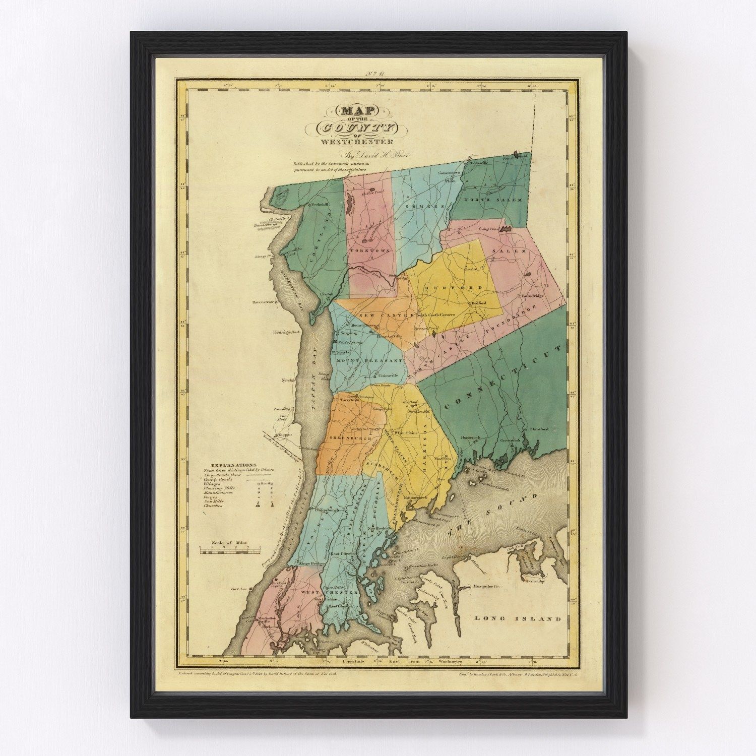 Vintage map of Westchester County, New York, 1829 - Hudson River restored print