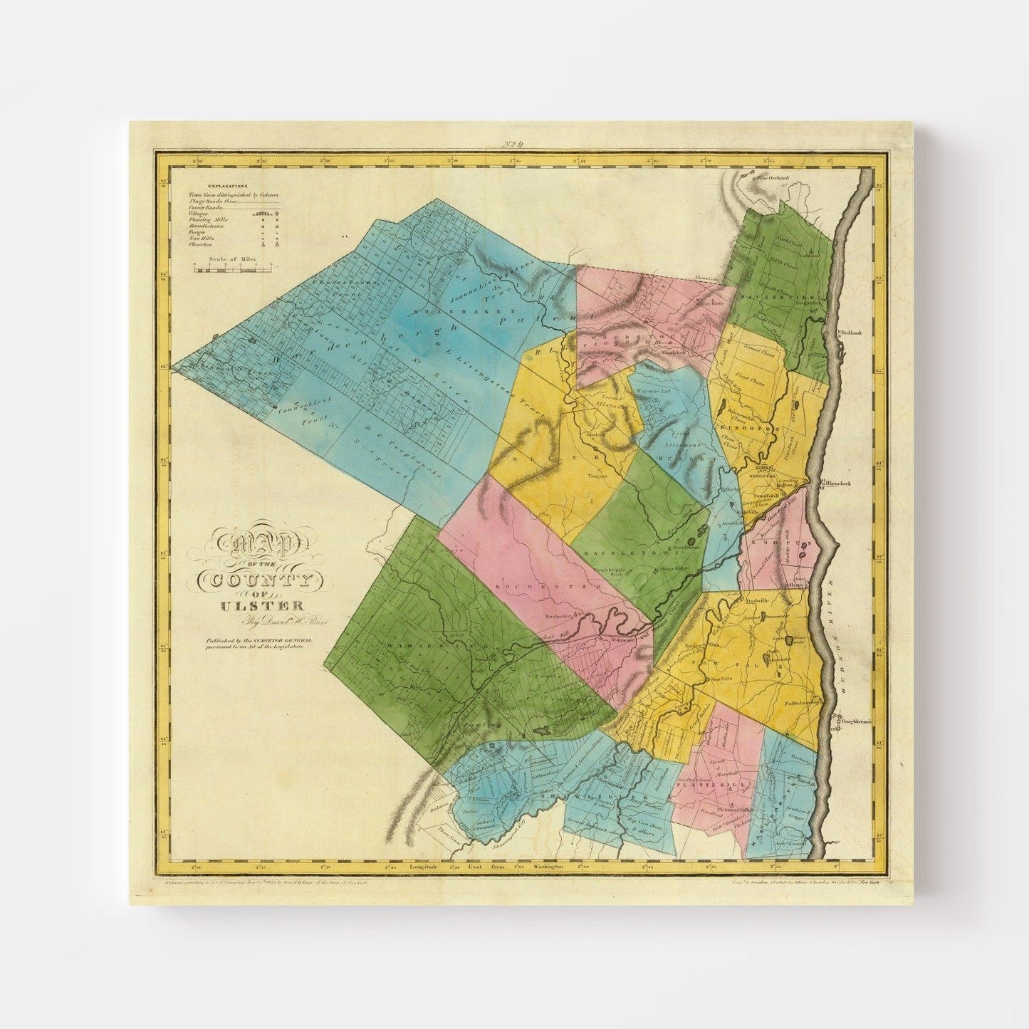 Vintage Map of Ulster County, New York, 1829