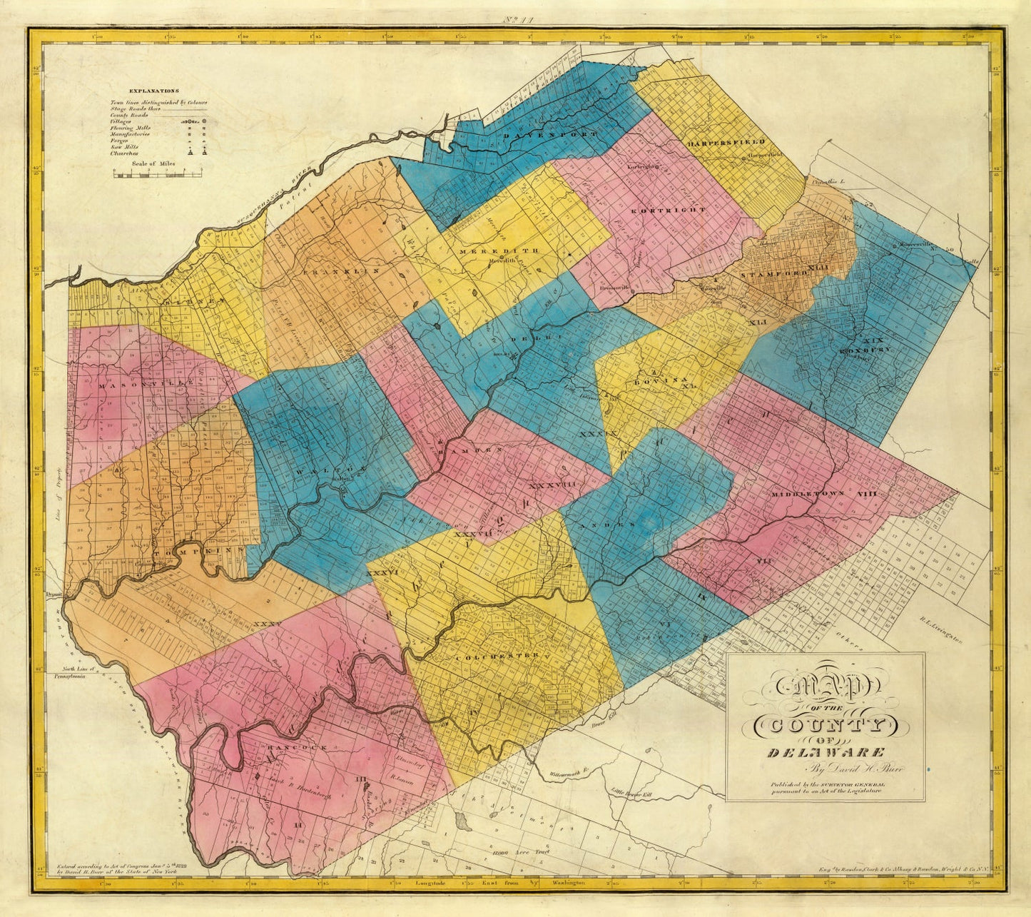 Vintage Map of Delaware County, New York, 1829