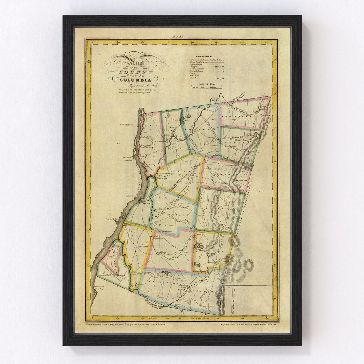 Vintage map of Columbia County, New York, 1829