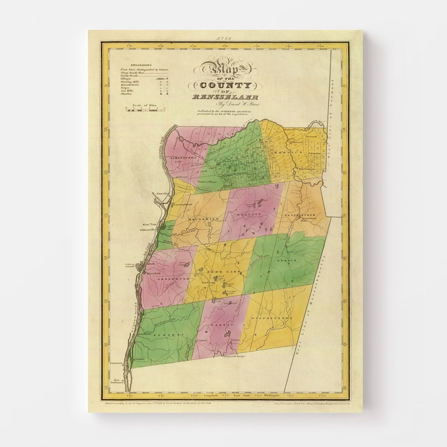 Vintage Map of Rensselaer County, New York, 1829