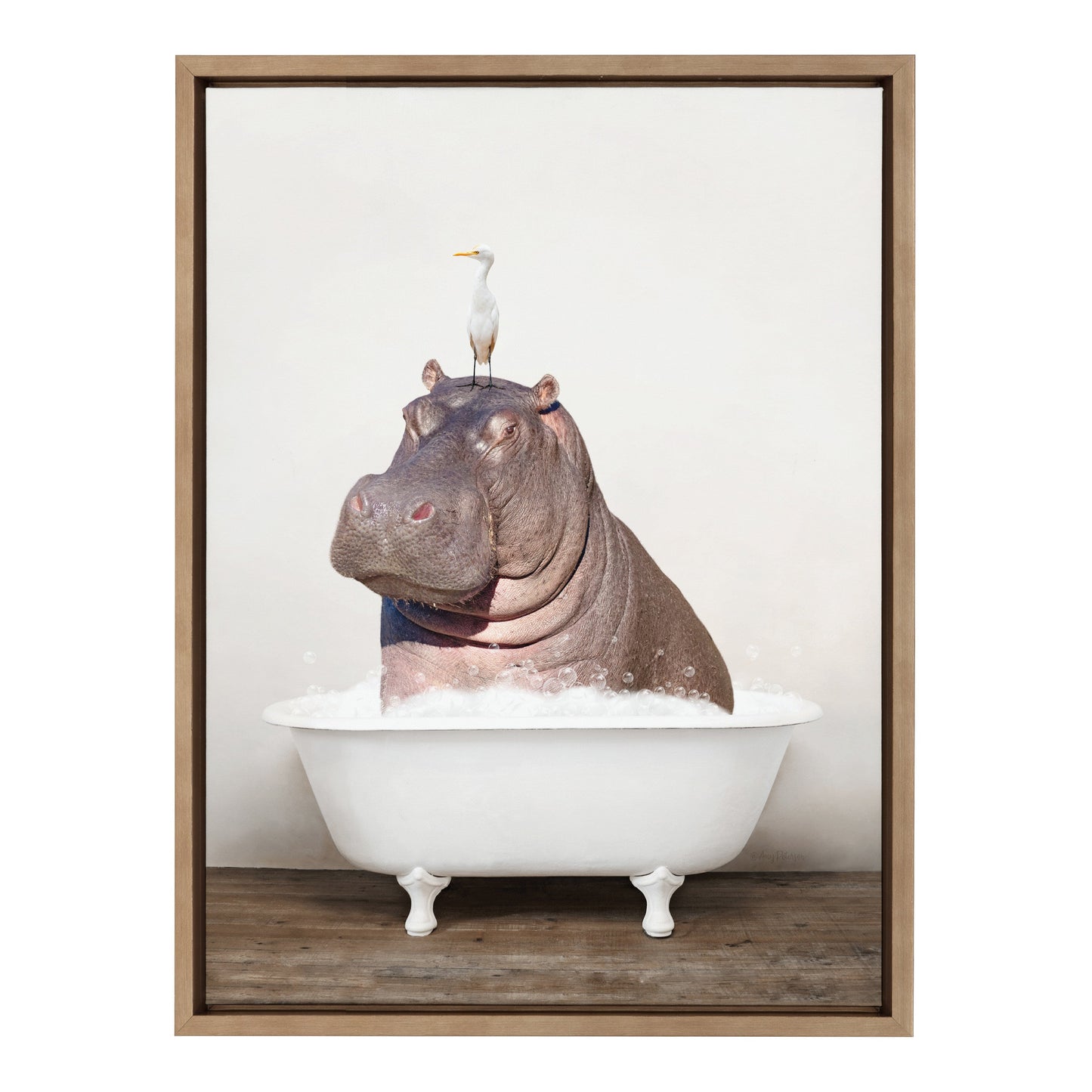 Hippo and Bird in Rustic Bath Framed Canvas Art