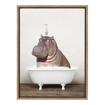 Hippo and Bird in Rustic Bath Framed Canvas Art