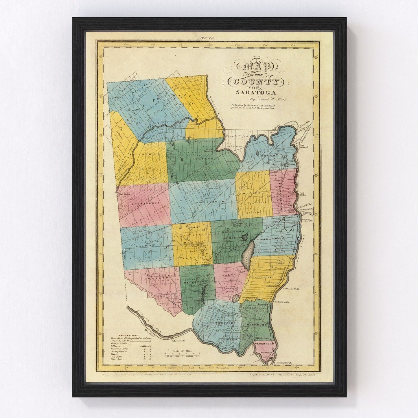 vintage map of Saratoga County, New York, 1829