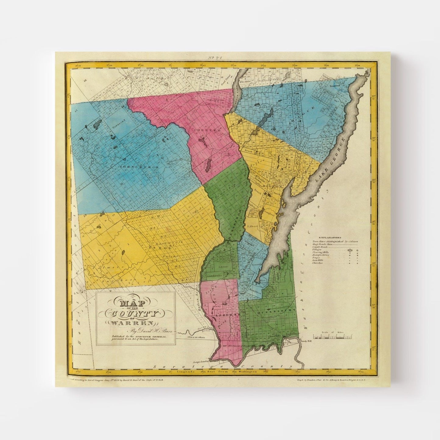 Vintage Map of Warren County, New York, 1829