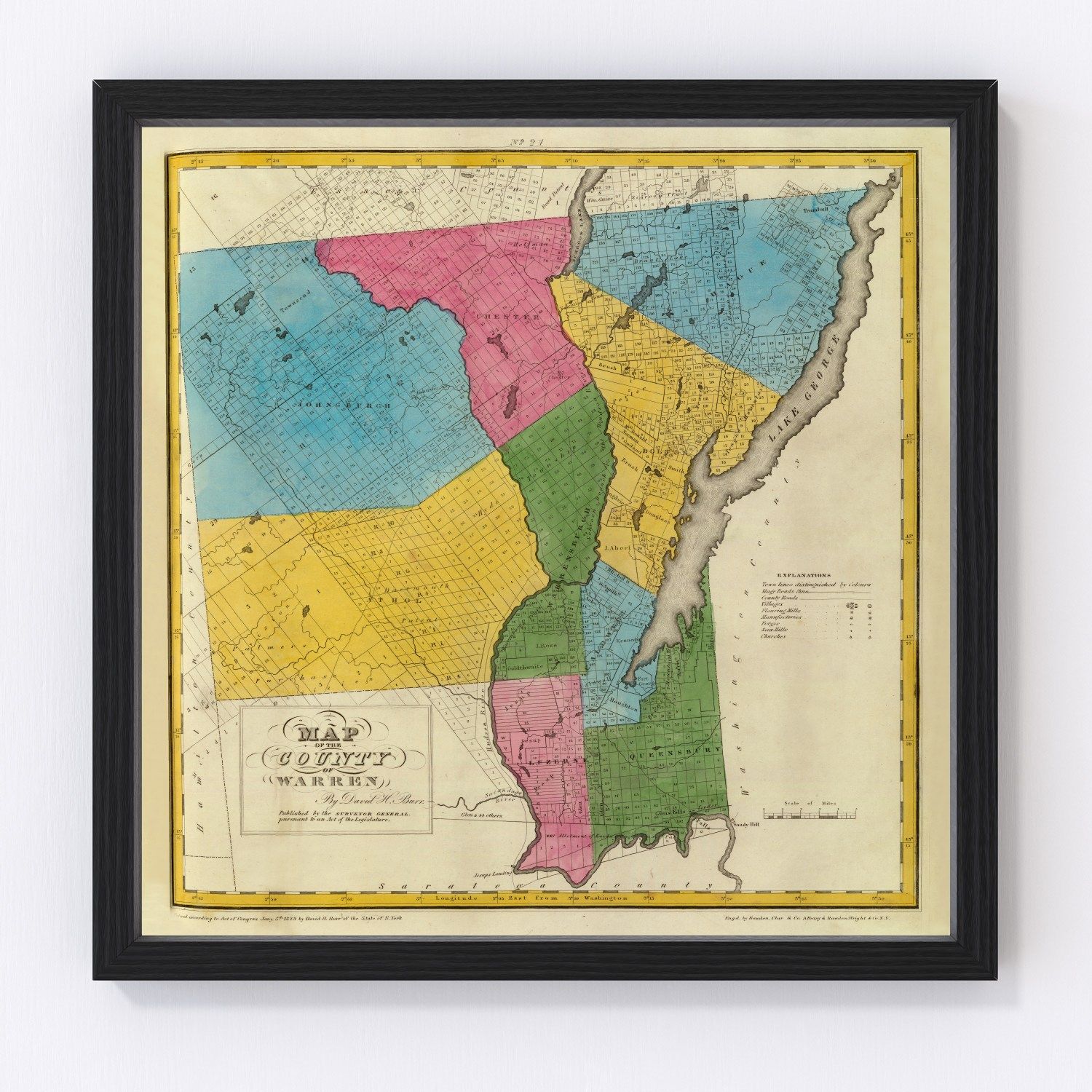 Vintage map of Warren County, New York, 1829, early county survey