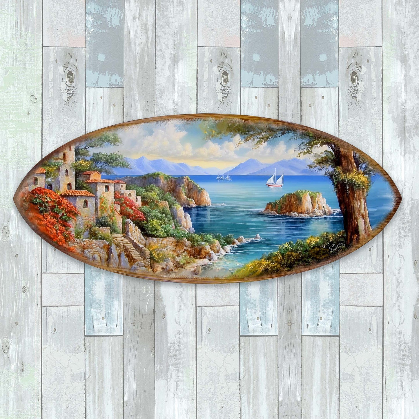 Coastal View Surfboard Wood Wall Art - Beach Decor