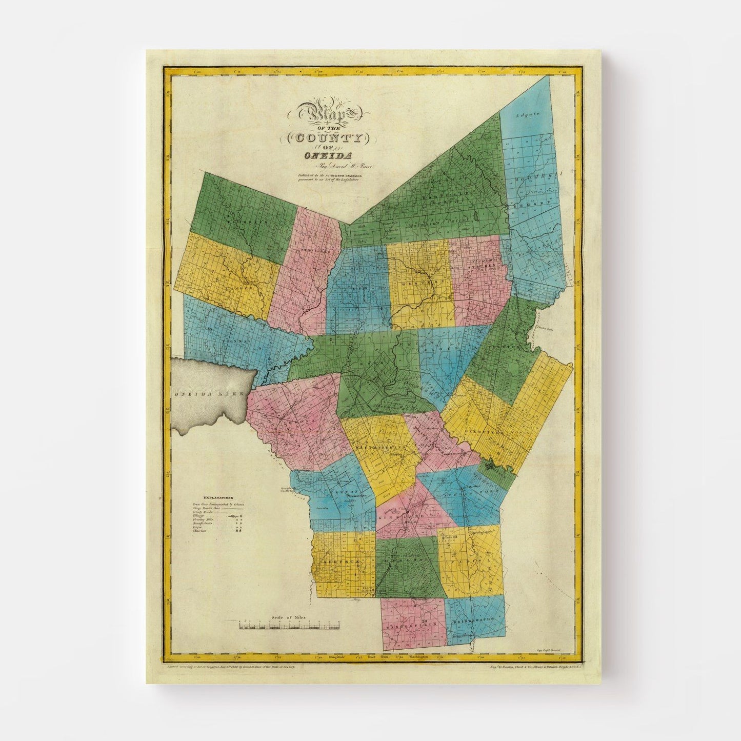 Vintage Map of Oneida County, New York, 1829