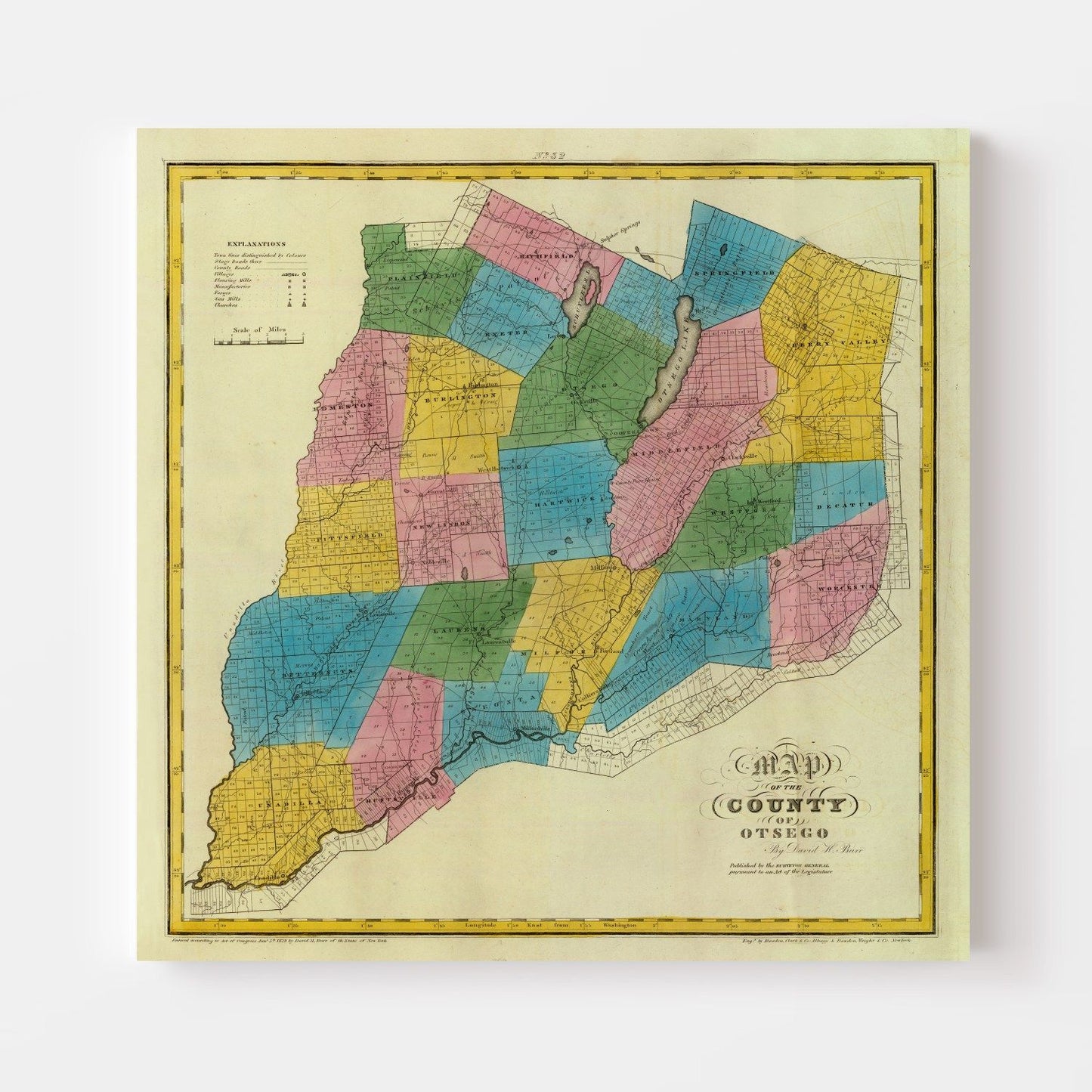 Vintage Map of Otsego County, New York, 1829