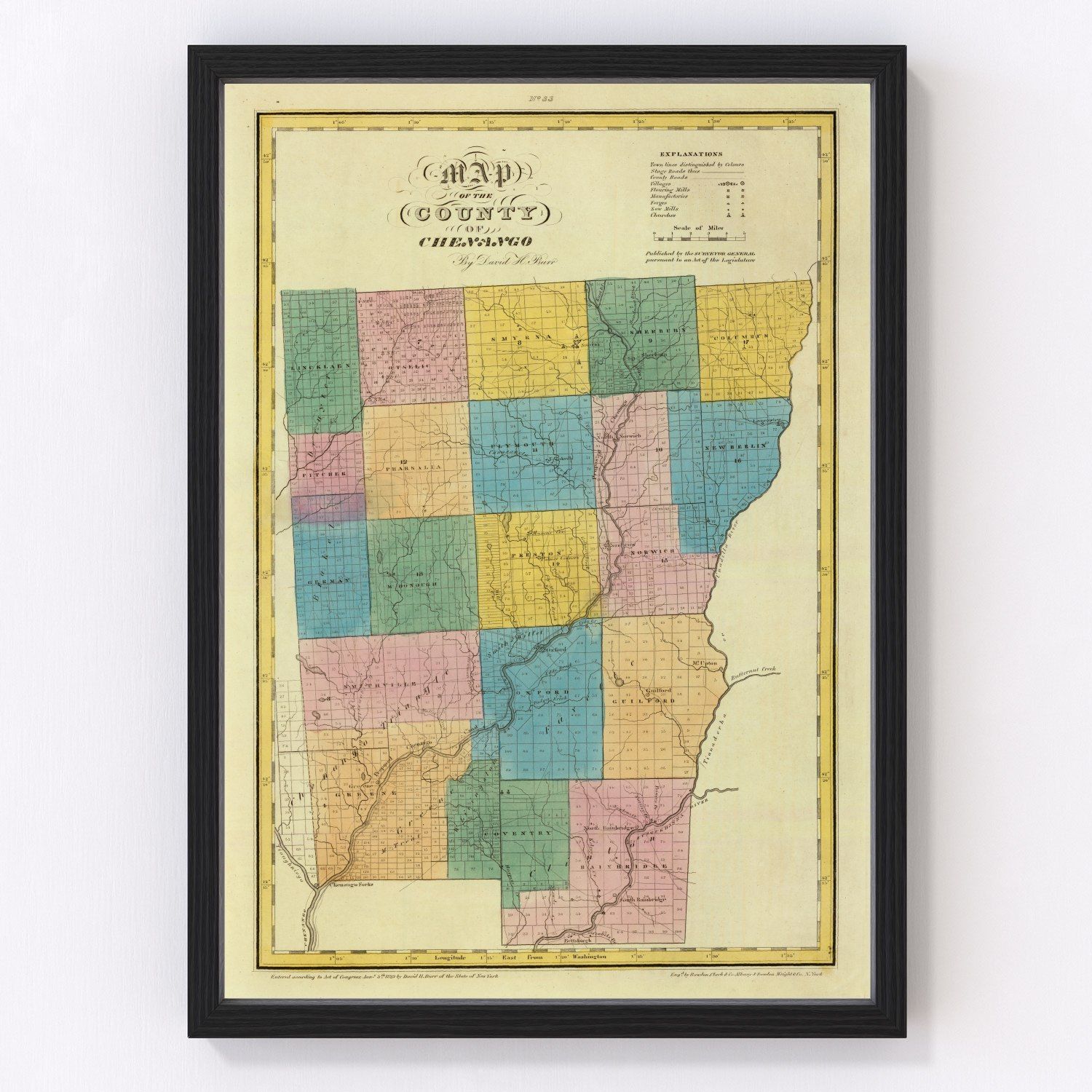 Vintage map of Chenango County, New York, 1829, digitally restored print