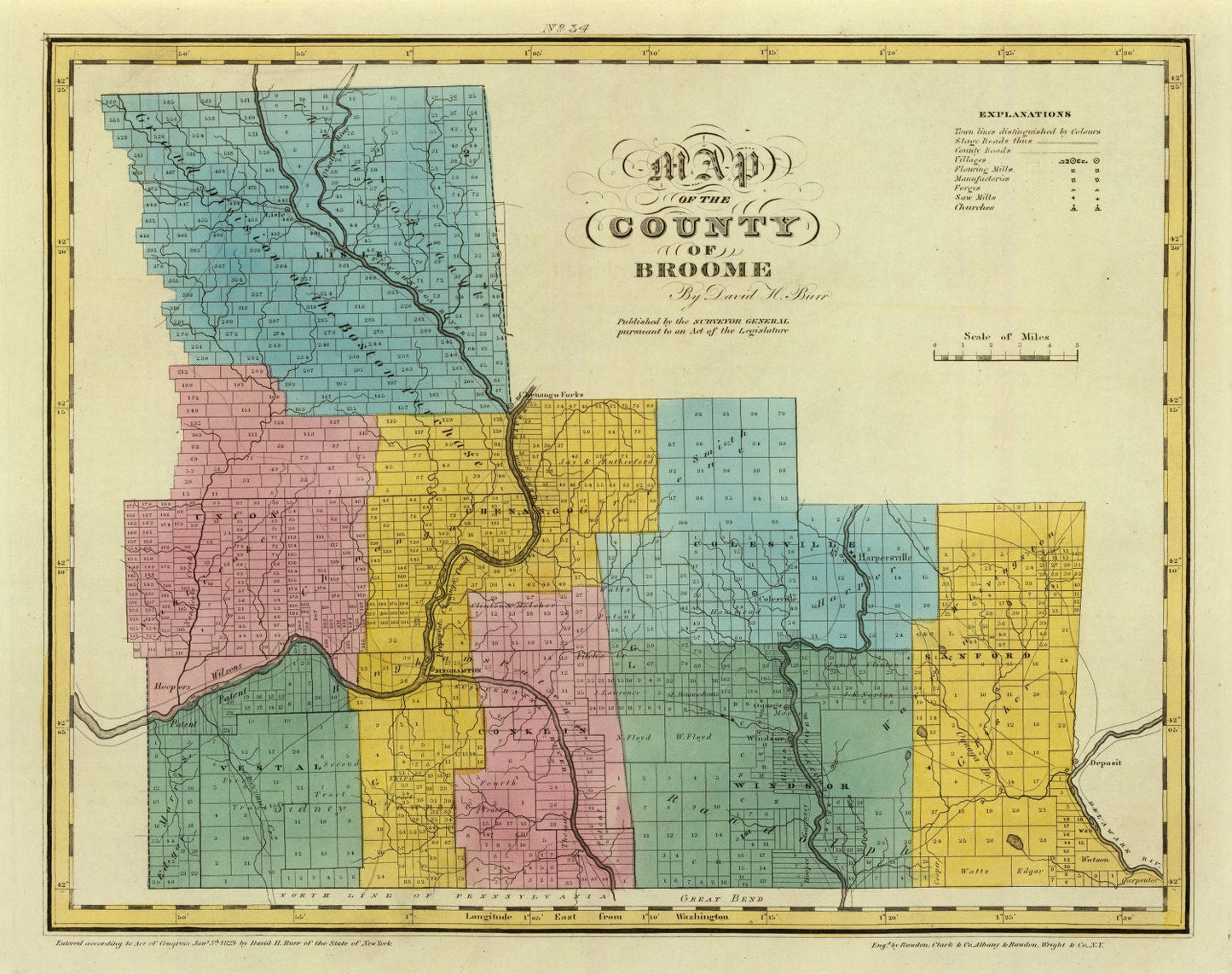 Vintage Map of Broome County, New York, 1829