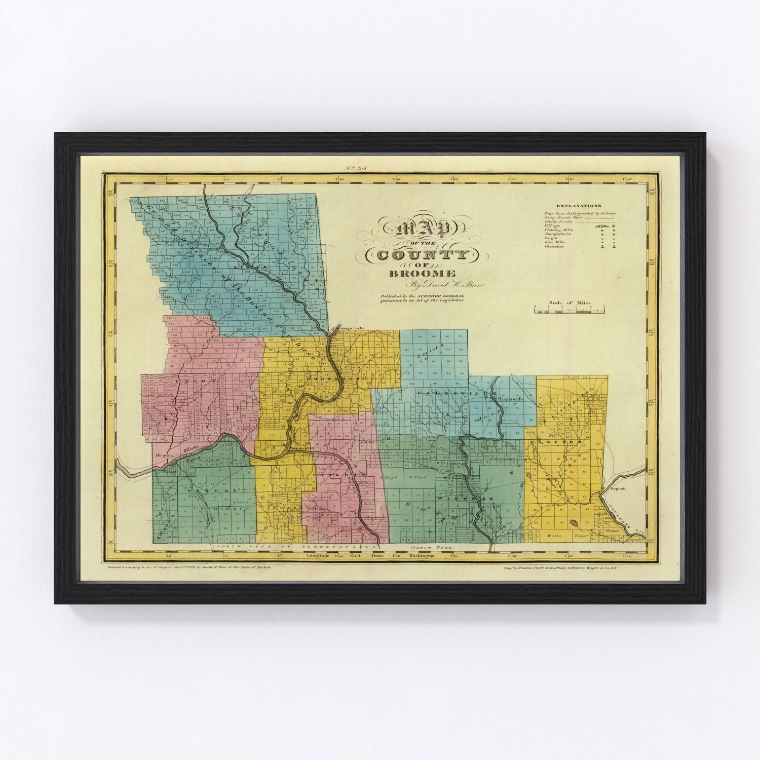 Vintage map of Broome County, New York, 1829 - digitally restored cartographic print