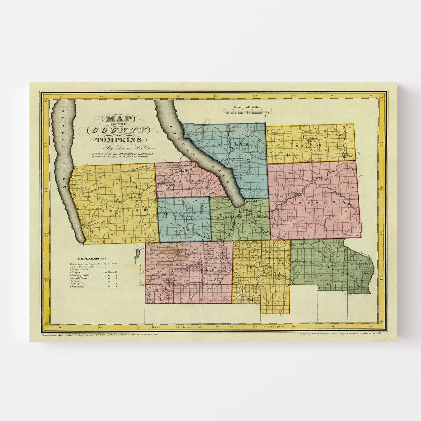 Vintage Map of Tompkins County, New York, 1829