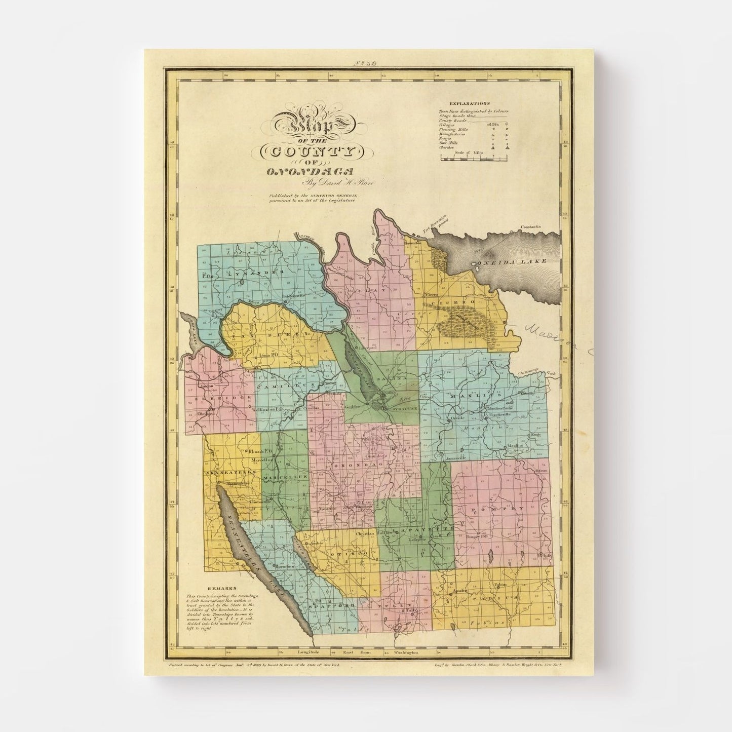 Vintage Map of Onondaga County, New York, 1829