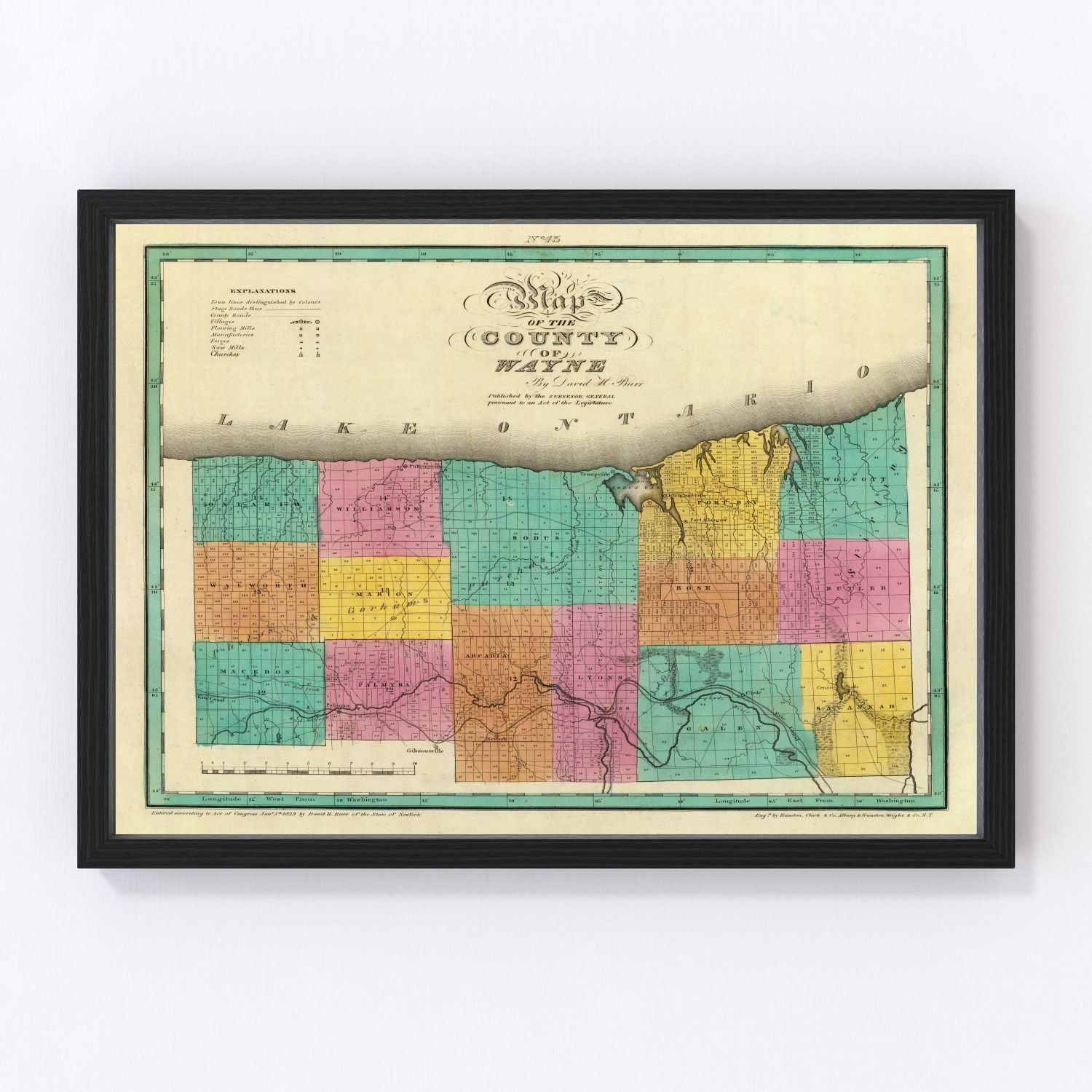 Vintage map of Wayne County, New York, 1829 - Erie Canal Lake Ontario restored print