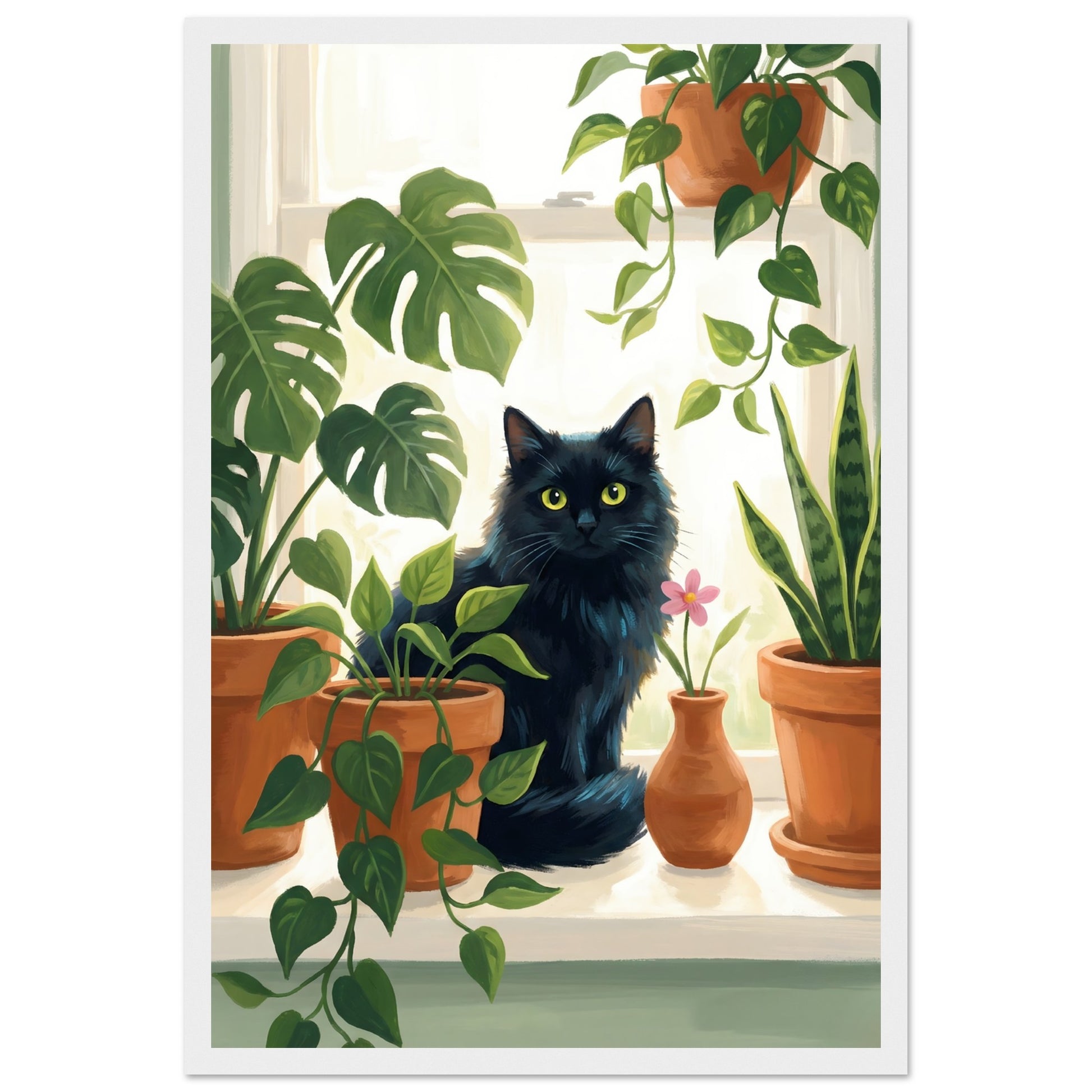 Plant Lover Wall Art - Cat & Houseplants Framed Poster - 20x25 cm / 8x10″ - White frame / Ready-to-hang - Sparkycare
