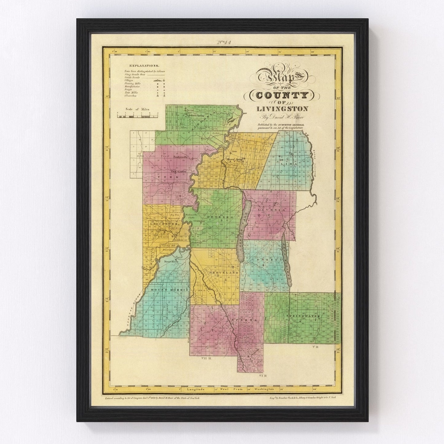 vintage map of Livingston County, New York, 1829