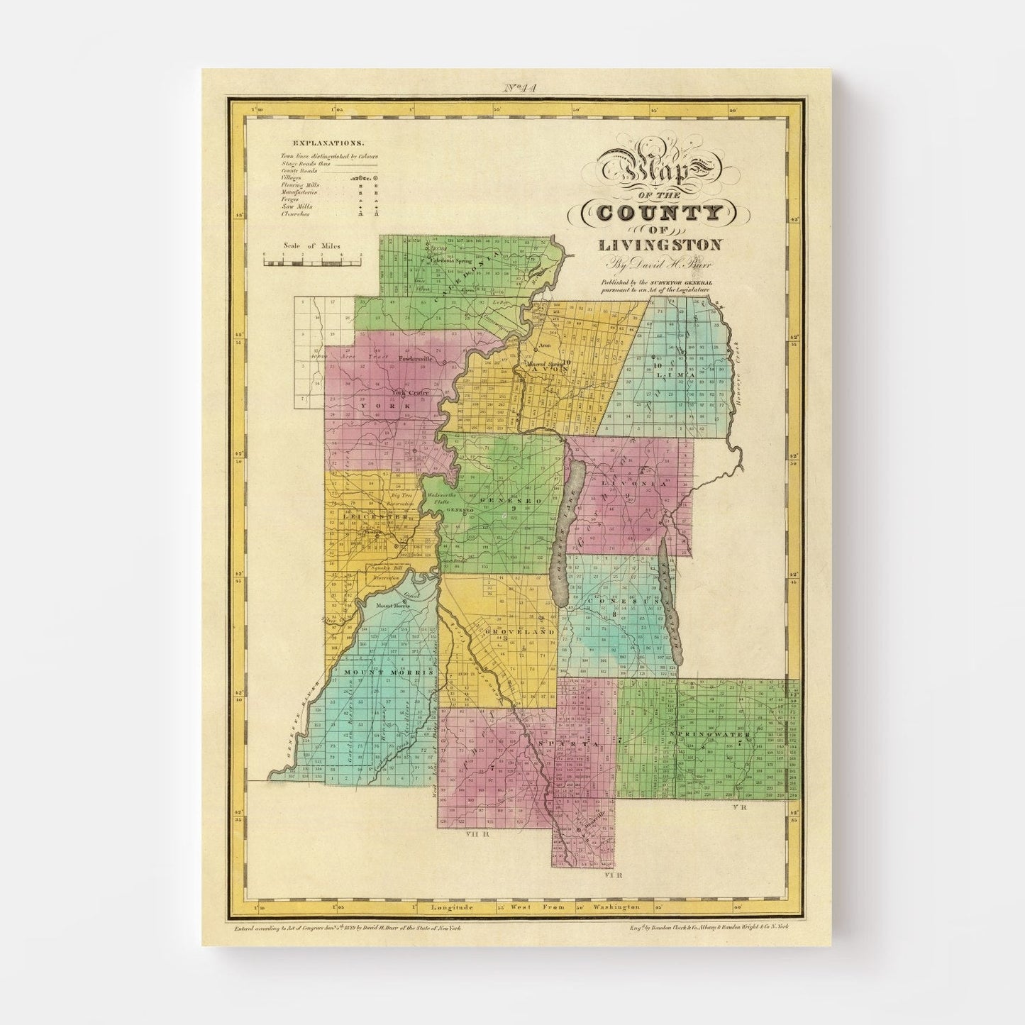 Vintage Map of Livingston County, New York, 1829