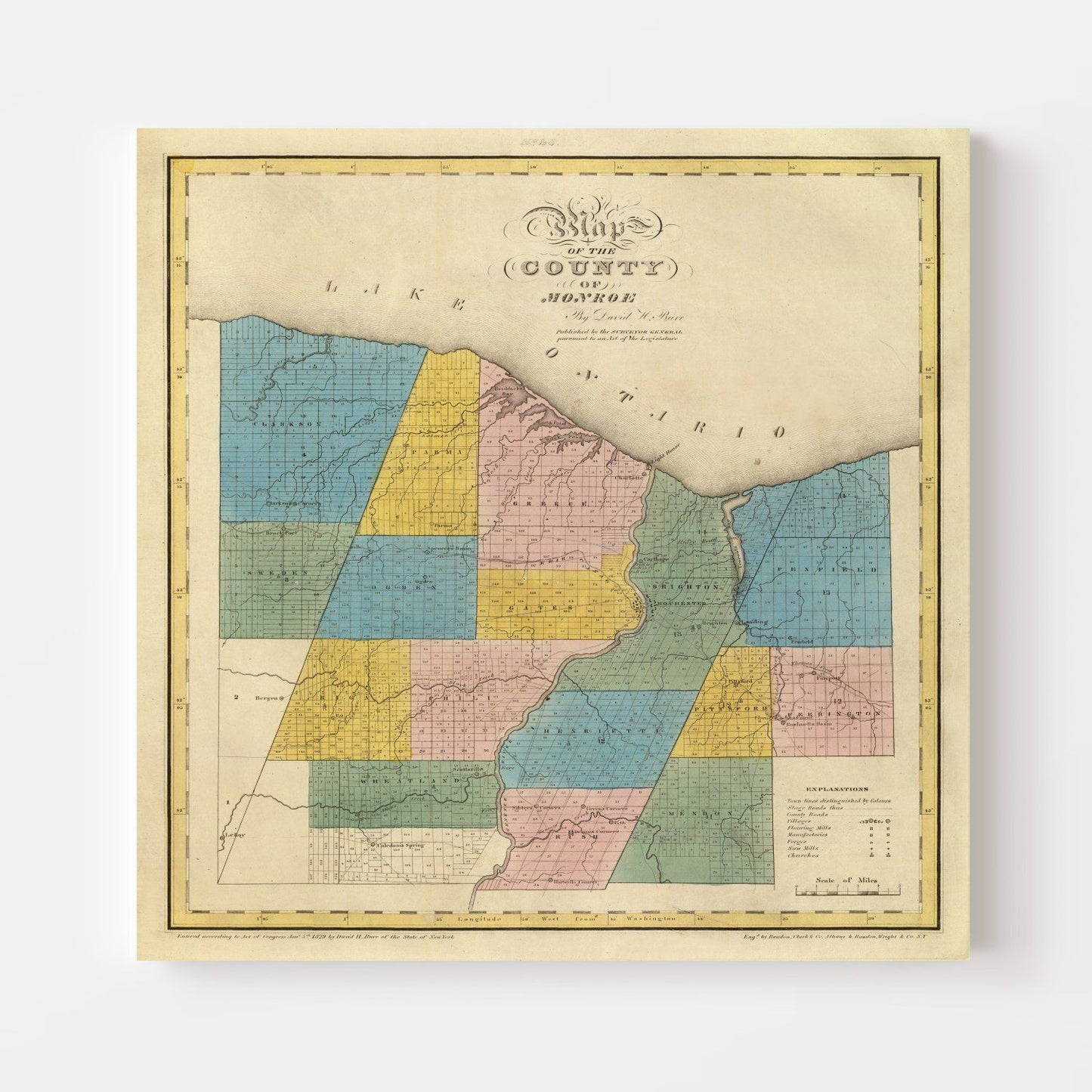 Vintage Map of Monroe County, New York, 1829