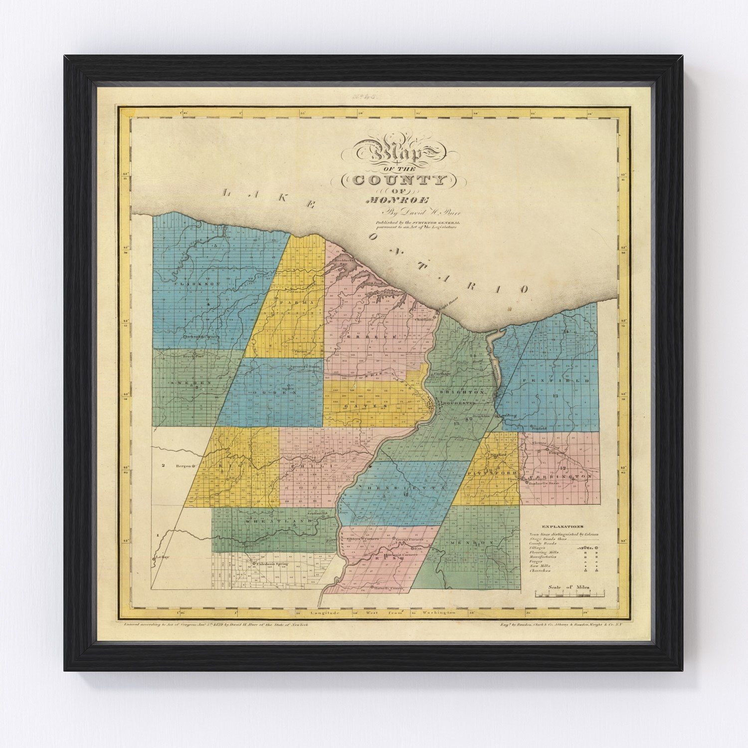 Vintage map of Monroe County, New York, 1829