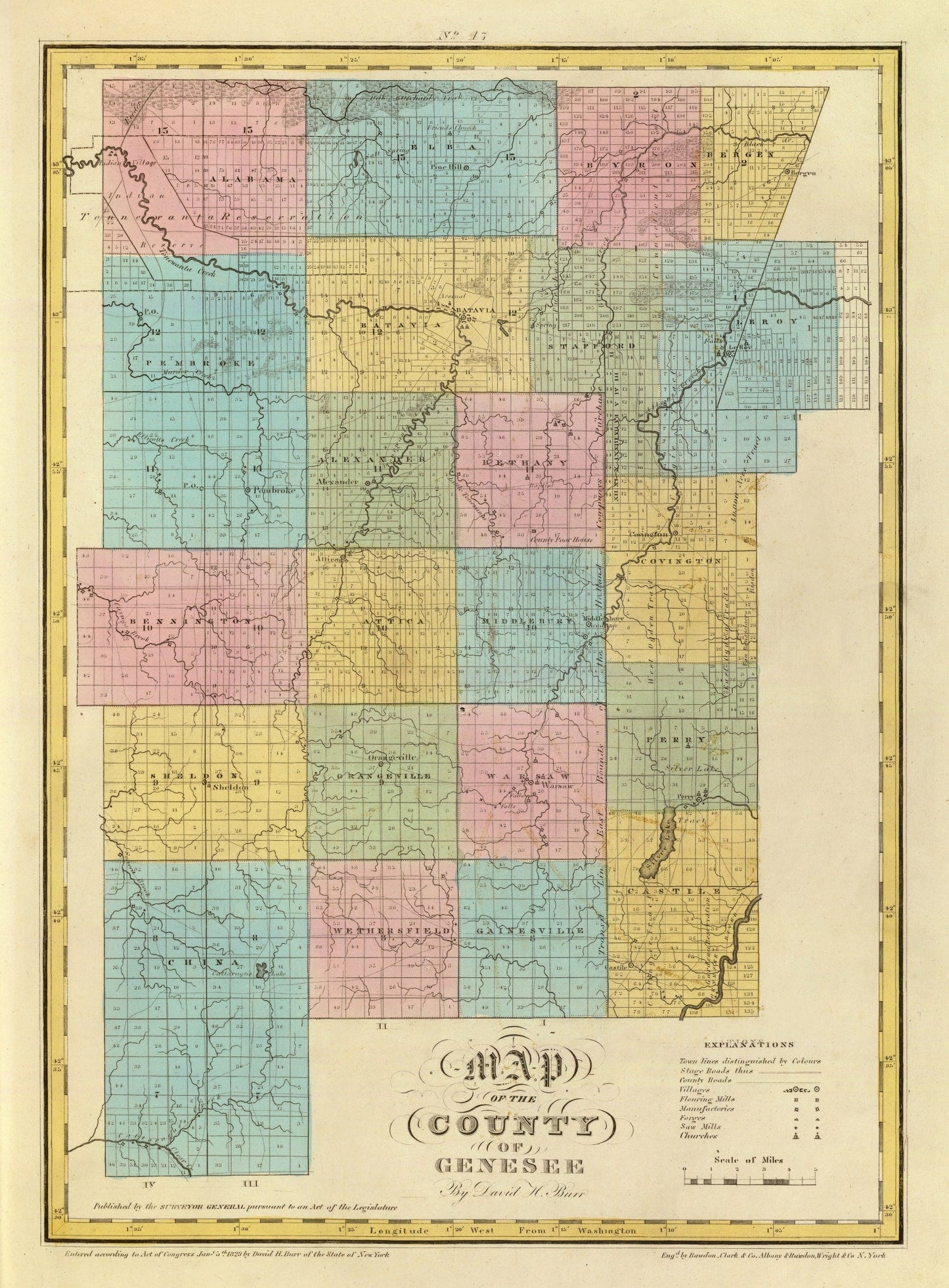 Vintage Map of Genesee County, New York, 1829