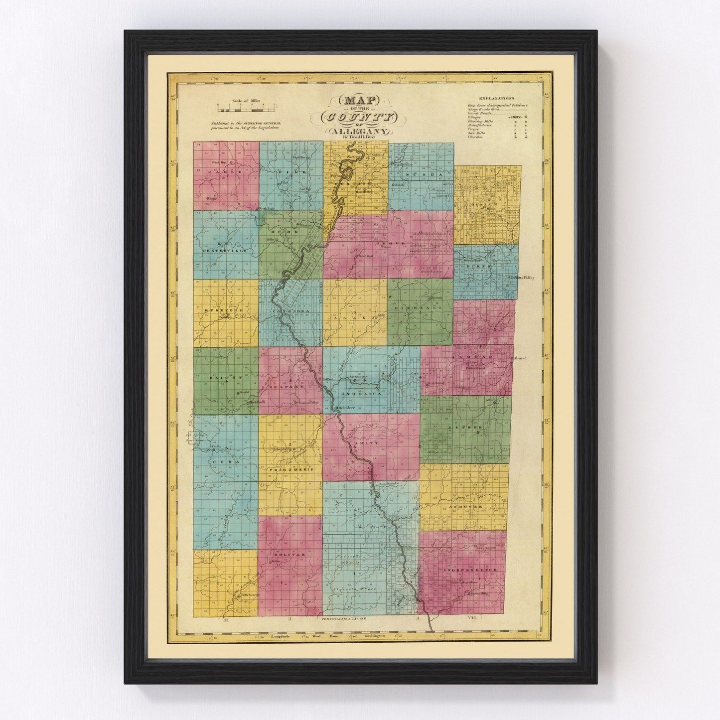 Vintage map of Allegany County, New York, 1829, earliest county survey restored print