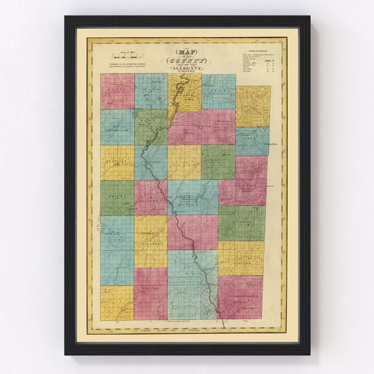 Vintage map of Allegany County, New York, 1829, earliest county survey restored print