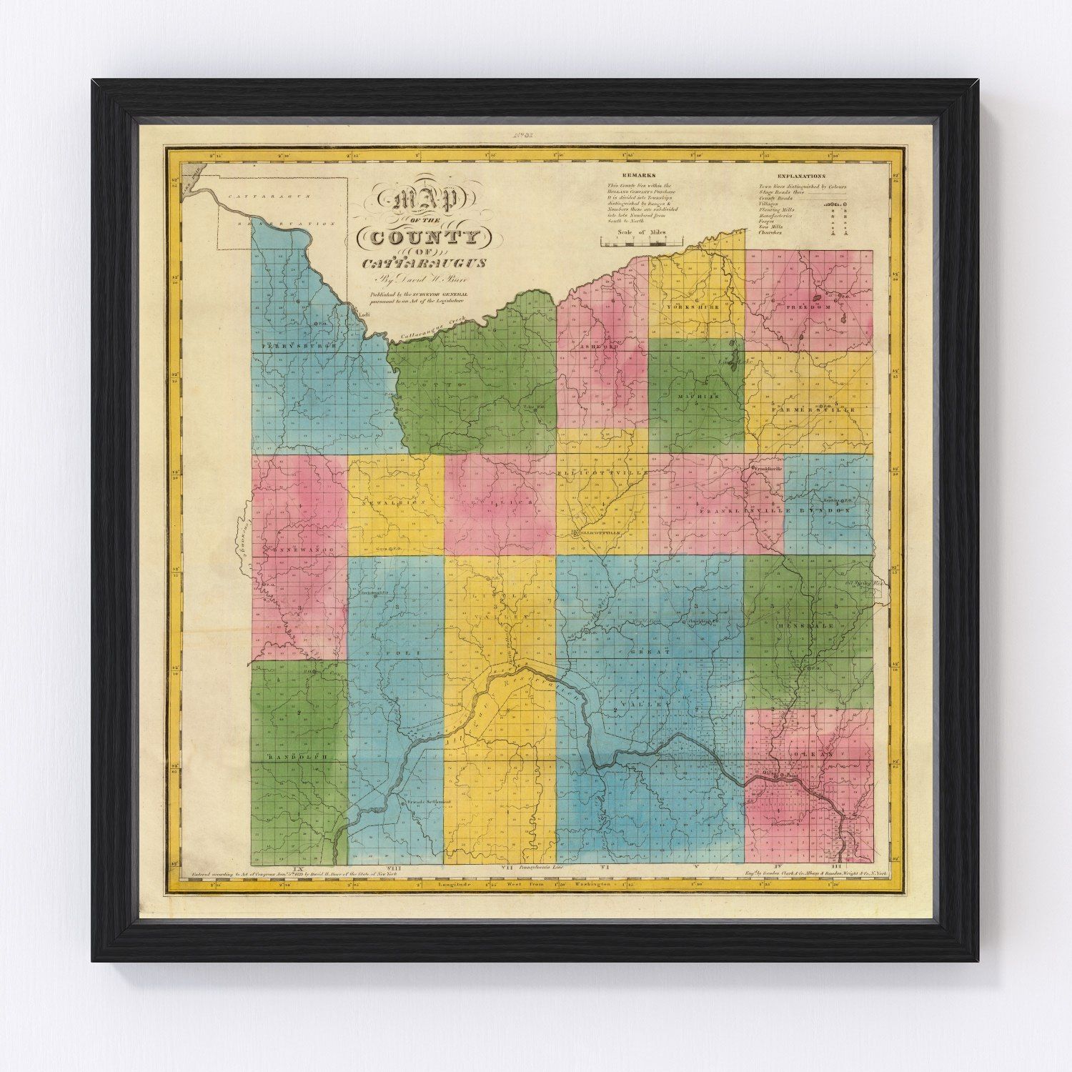Vintage map of Cattaraugus County, New York, 1829, restored vintage wall art print