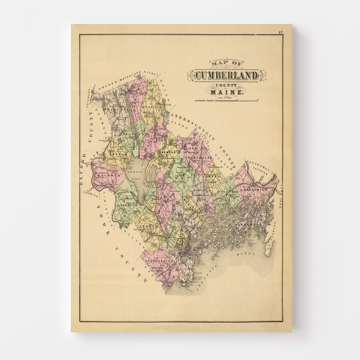 Vintage Map of Cumberland County, Maine, 1885